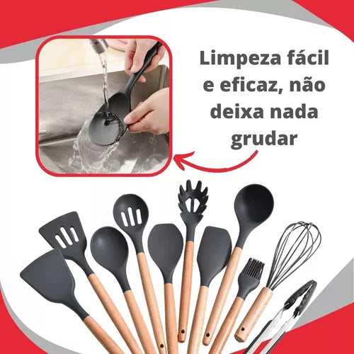 Jogo Utensílios Cozinha De Silicone Colher Espátula Concha Cor Preto