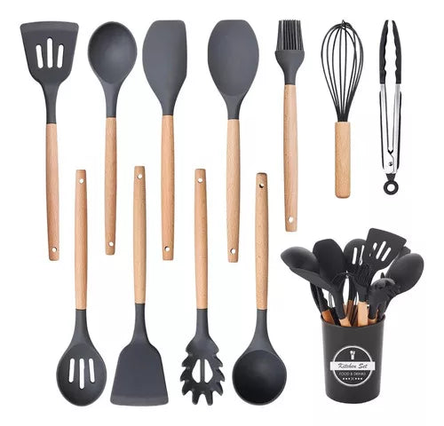 Jogo Utensílios Cozinha De Silicone Colher Espátula Concha Cor Preto