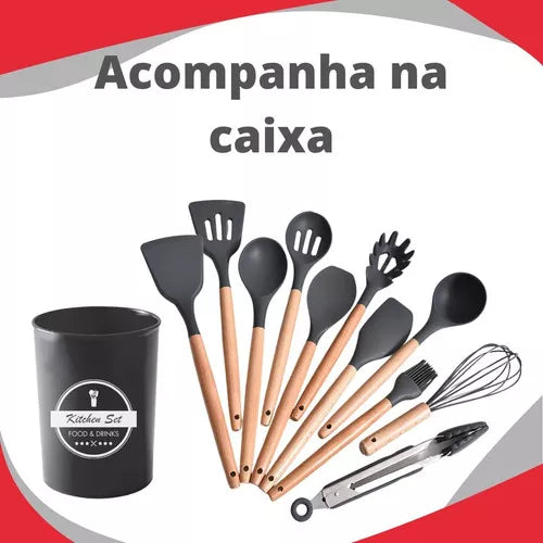 Jogo Utensílios Cozinha De Silicone Colher Espátula Concha Cor Preto