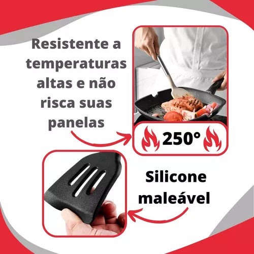 Jogo Utensílios Cozinha De Silicone Colher Espátula Concha Cor Preto