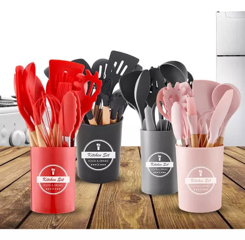 Jogo Utensílios Cozinha De Silicone Colher Espátula Concha Cor Preto